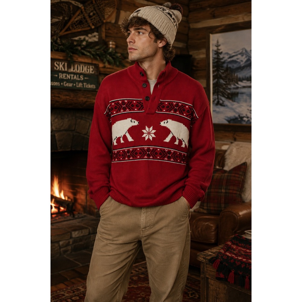 Vintage Chaps Ralph Lauren Mens XL Red Polar Bear Fair Isle Ski Chunky Sweater